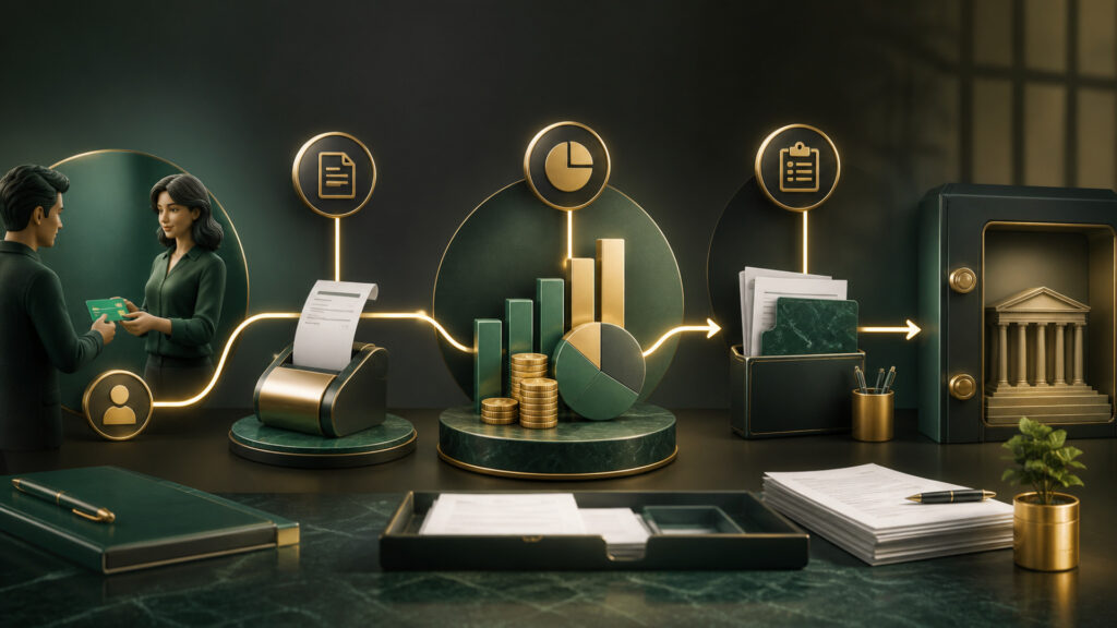Editorial business scene illustrating freelancer accounting software data flow