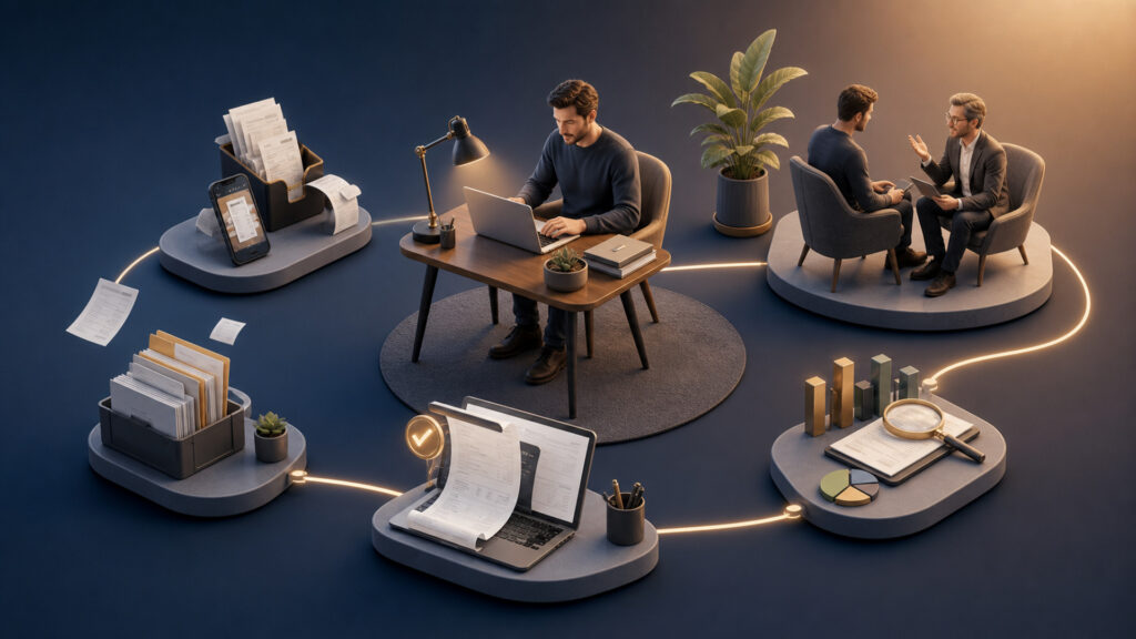 Editorial business scene illustrating freelancer accounting software operating model