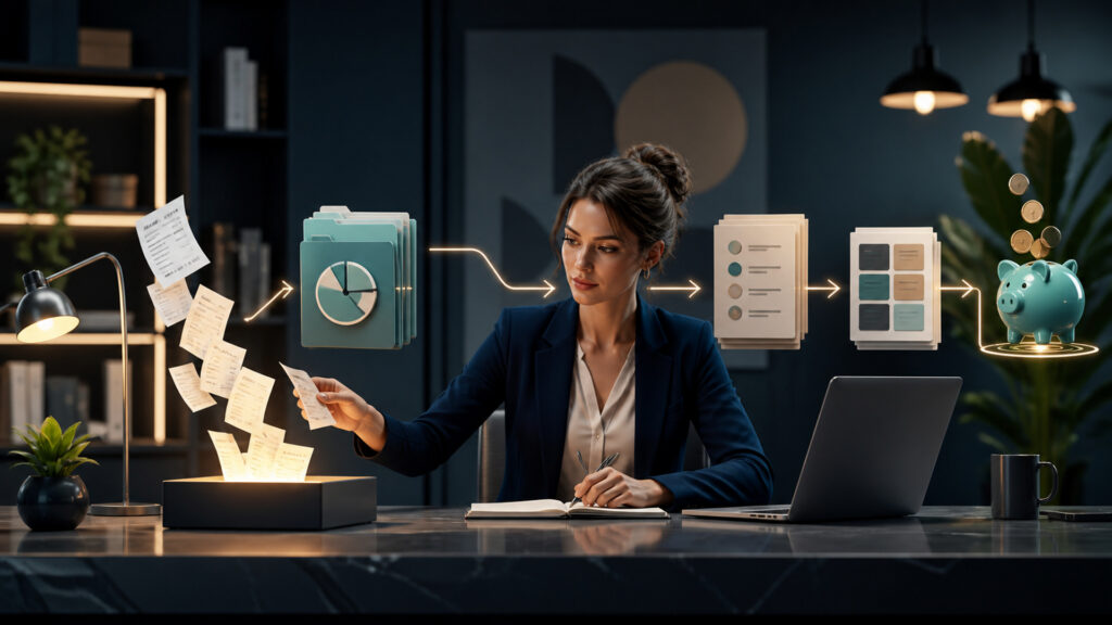 Editorial business scene illustrating freelancer accounting software workflow role