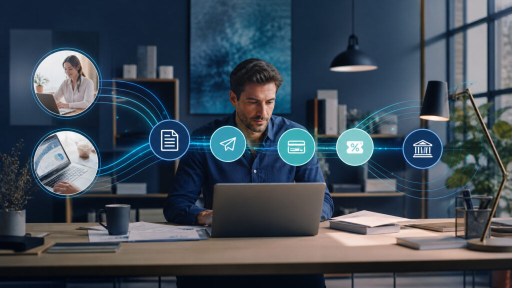 Editorial business scene illustrating freelancer invoicing software data flow
