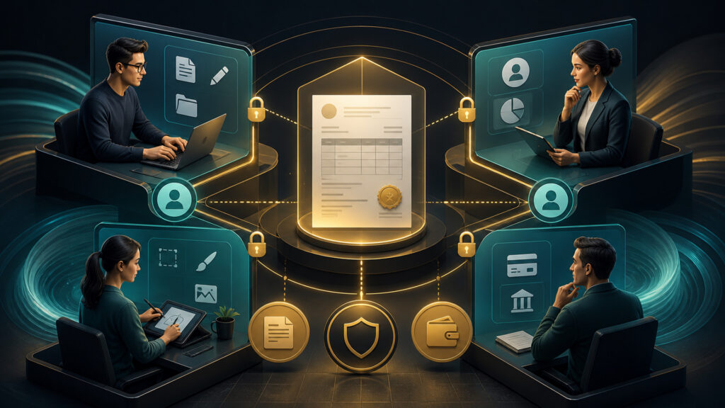 Editorial business scene illustrating freelancer invoicing software permission structure