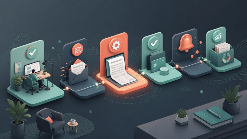 Editorial business scene illustrating freelancer invoicing software workflow role
