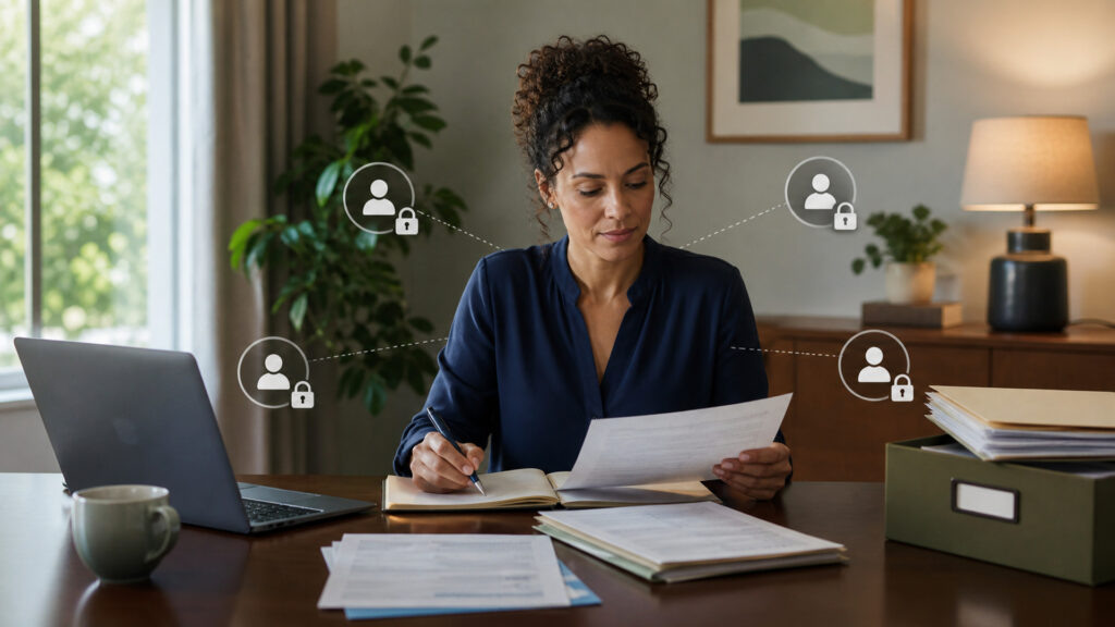 Editorial business scene illustrating freelancer tax software permission structure