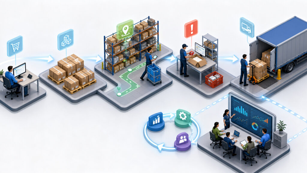 Editorial business scene illustrating fulfillment services workflow role