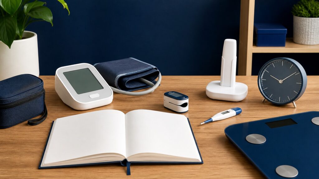 People-free home health monitoring station with blank-screen devices, logbook, clock, charging base, and organized storage
