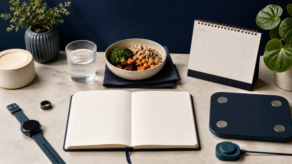 People-free health tracking setup with blank journal, calendar, simple wearable, scale, meal bowl, and sleep clock