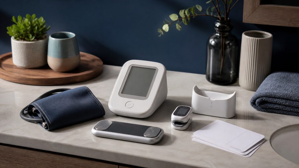 People-free editorial still life illustrating home cardiovascular measurement within a defined protocol