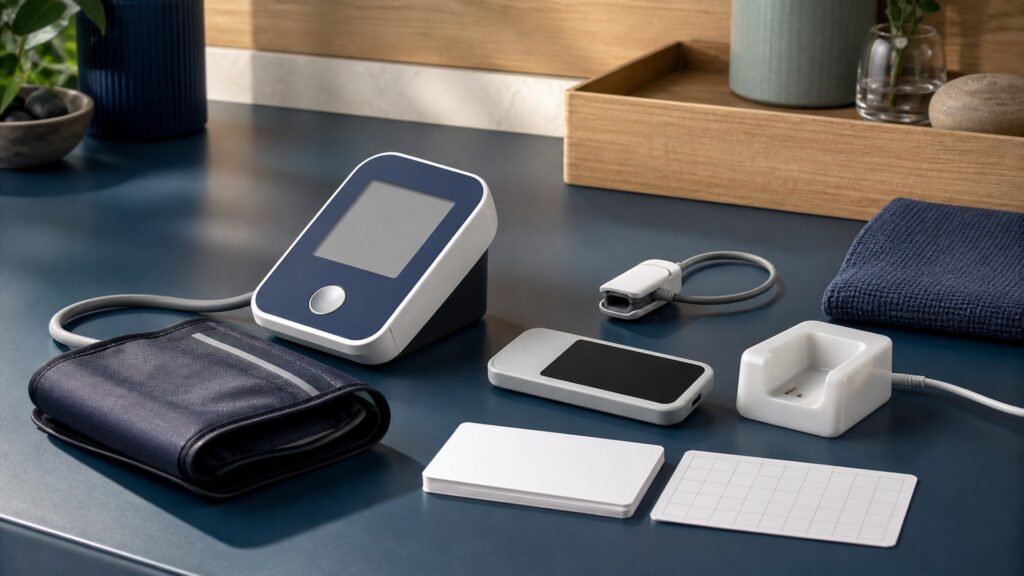 People-free editorial still life illustrating device purpose fit rest position motion rhythm repeatability and symptoms