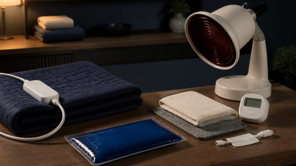People-free editorial still life illustrating burn sensation circulation electrical hydration and sleep-related safety