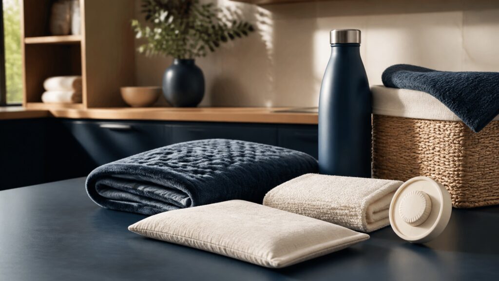 People-free editorial still life illustrating controlled warming for temporary comfort and ease of stiffness