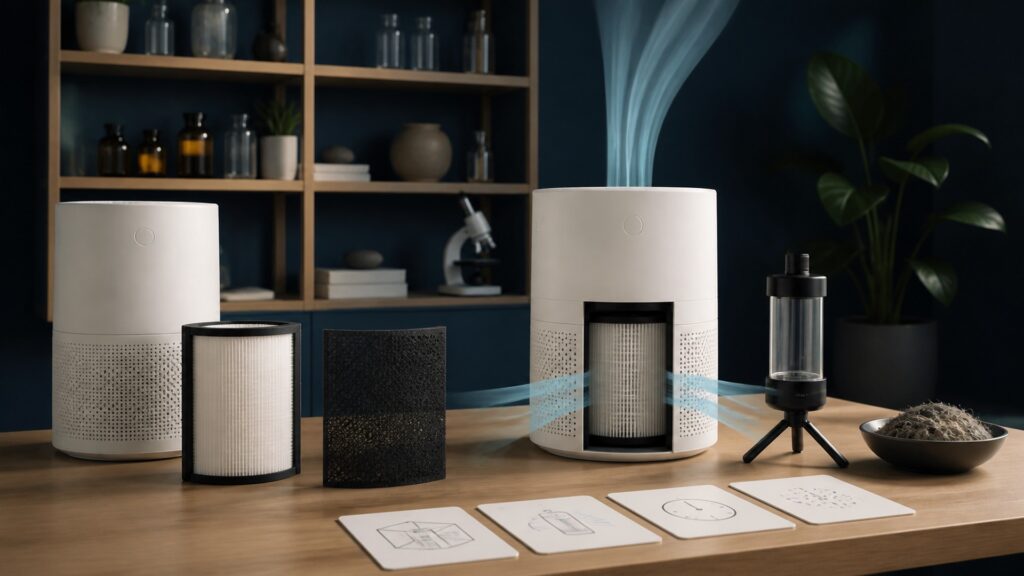 People-free editorial still life illustrating HEPA filtration can reduce airborne particles but cannot guarantee symptom relief or remove all indoor pollutants