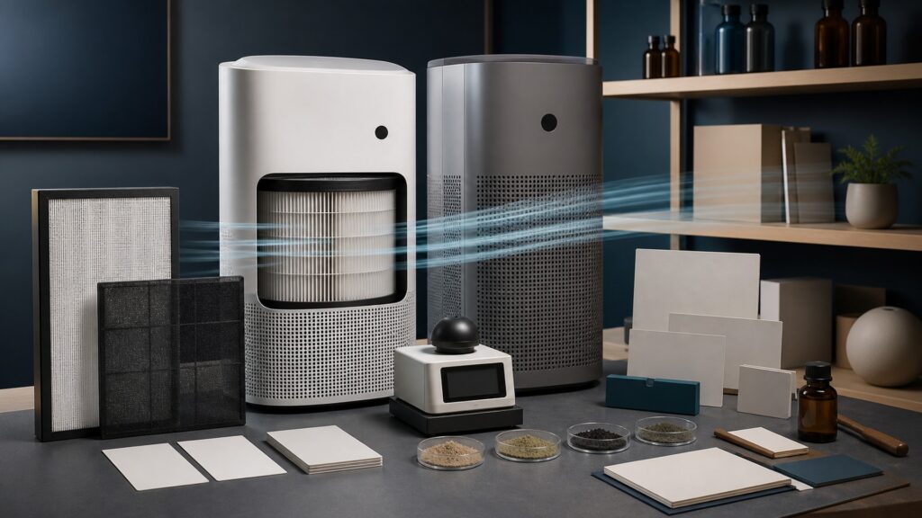 People-free editorial still life illustrating room volume airflow clean air delivery speed noise placement runtime particle trend filter loading and cost