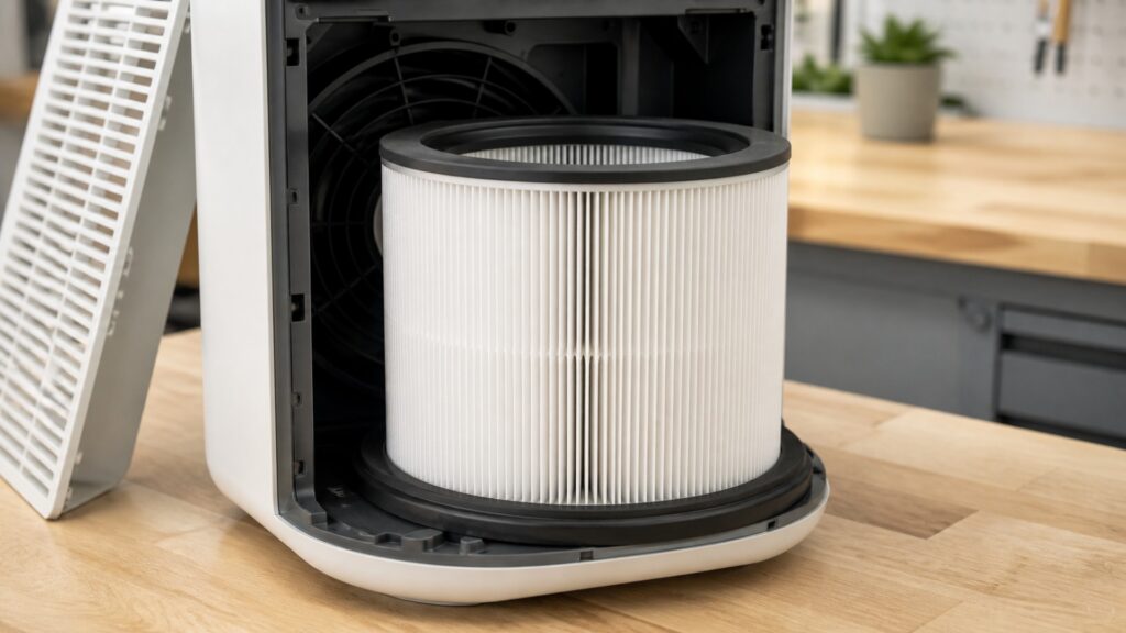 Clean pleated HEPA filter seated inside an open unbranded air purifier housing