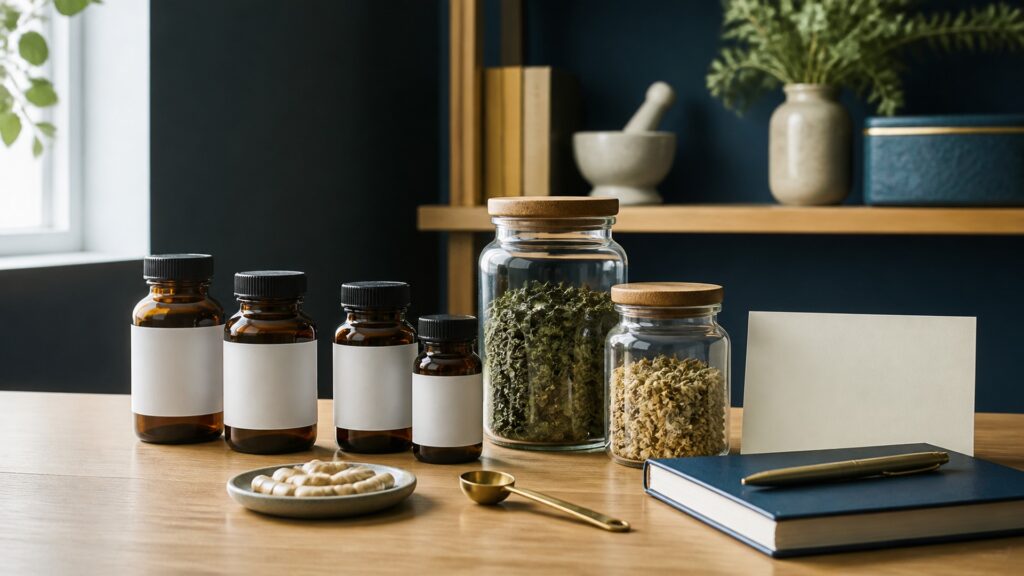 People-free editorial still life illustrating identify verify dose record store and review cycle