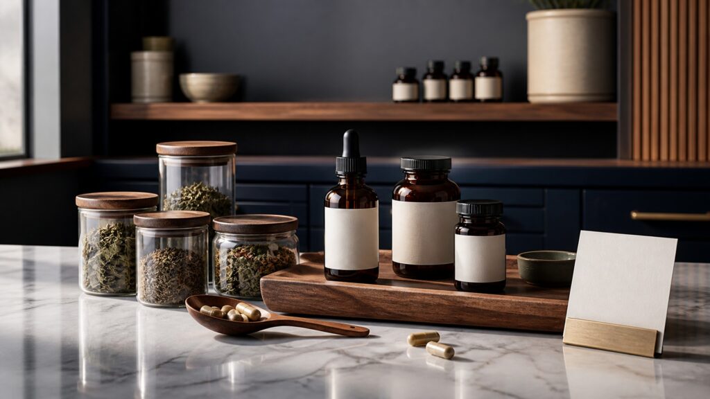 People-free editorial still life illustrating preparation-specific plant constituent exposure