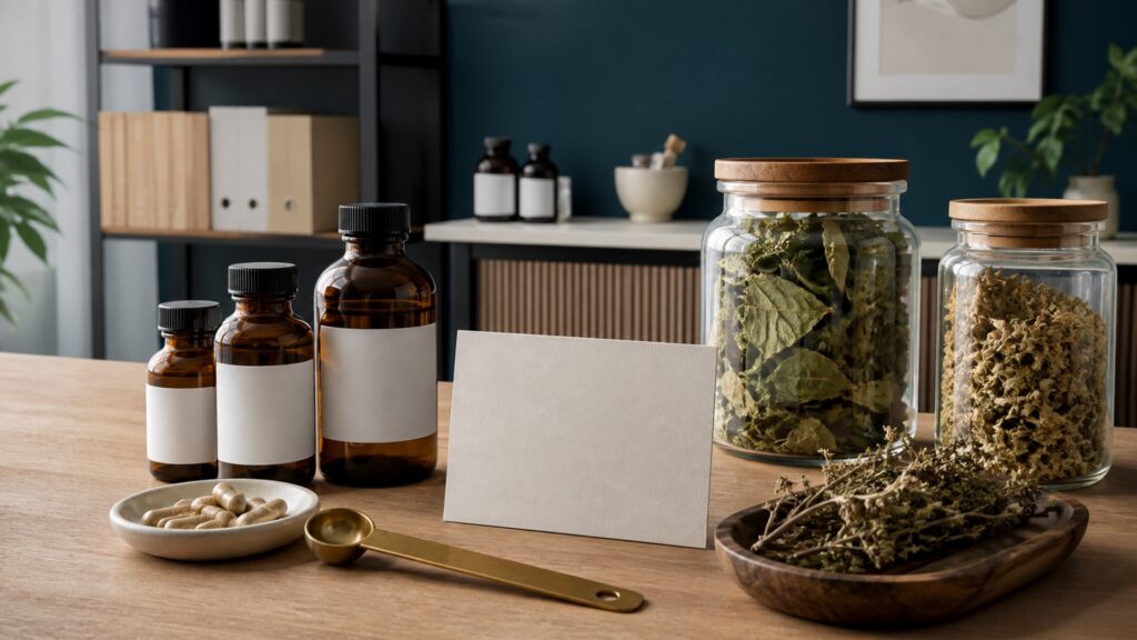 People-free editorial still life illustrating species plant part extract dose quality and outcome context