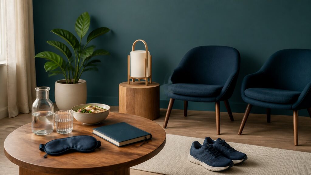 People-free editorial still life illustrating holistic wellness