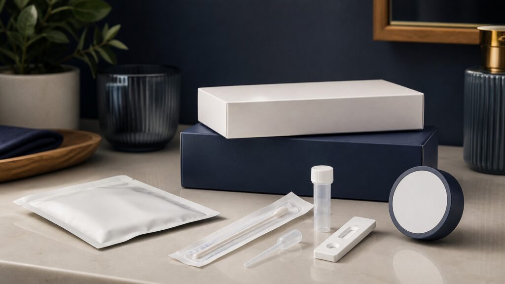 People-free editorial still life illustrating at-home screening for one defined marker or condition