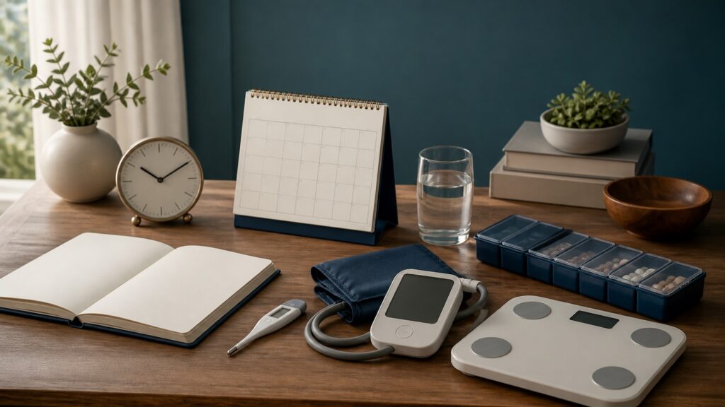 People-free editorial still life illustrating home health tracking