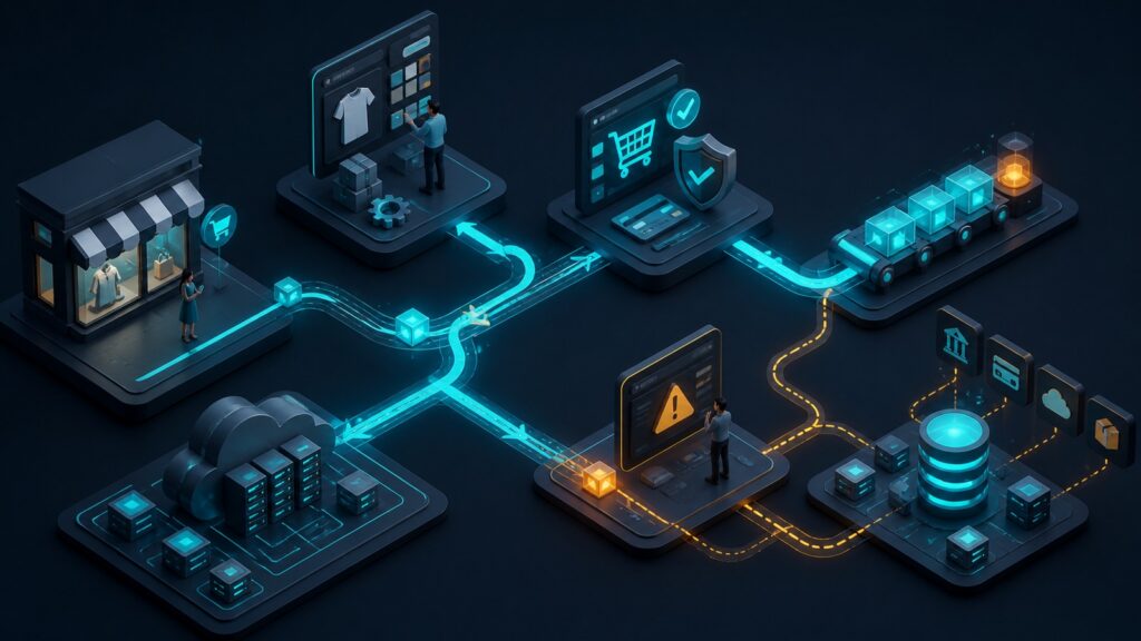 Editorial business scene illustrating hosted ecommerce platforms data flow