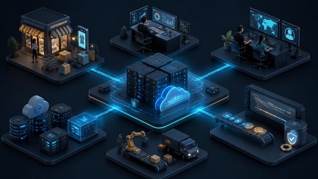 Editorial business scene illustrating hosted ecommerce platforms operating model