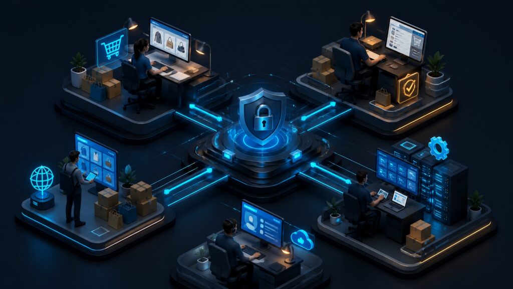 Editorial business scene illustrating hosted ecommerce platforms permission structure