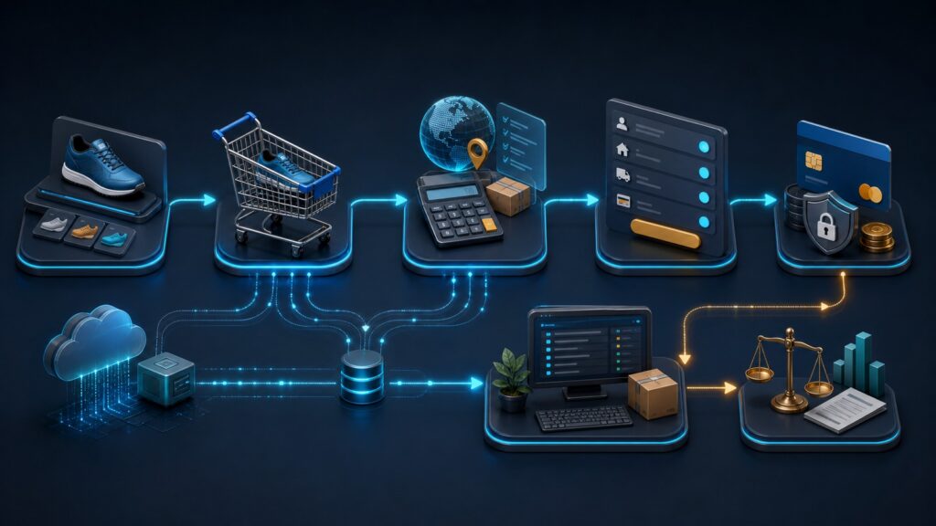 Editorial business scene illustrating hosted shopping cart platforms data flow