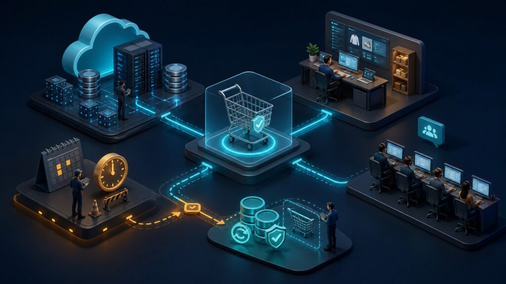 Editorial business scene illustrating hosted shopping cart platforms operating model
