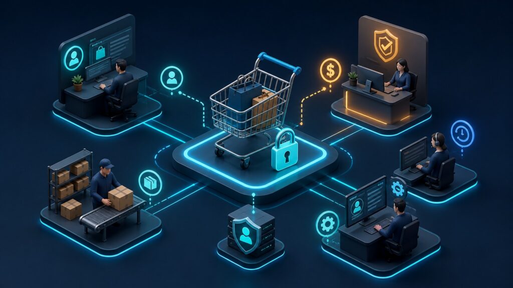 Editorial business scene illustrating hosted shopping cart platforms permission structure