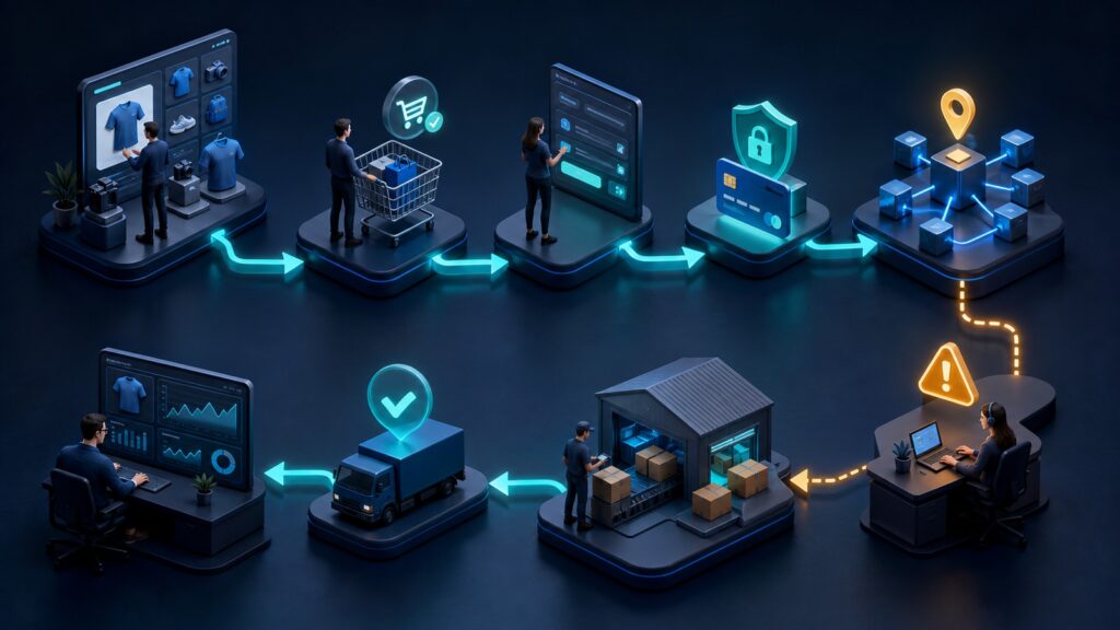 Editorial business scene illustrating hosted shopping cart platforms workflow role
