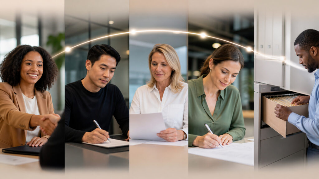 Editorial business scene illustrating hr services data flow