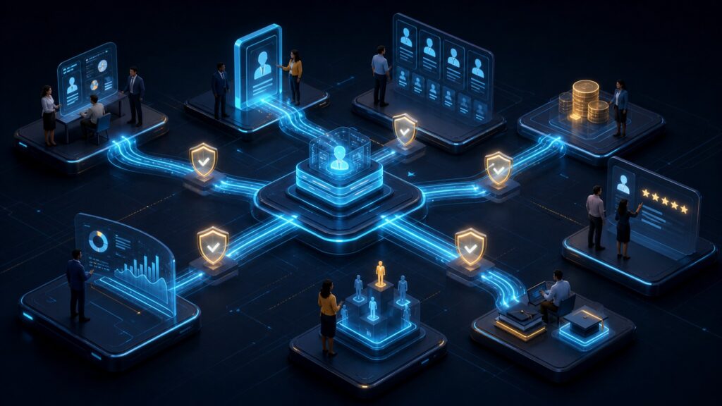 Editorial business scene illustrating human capital management platforms data flow
