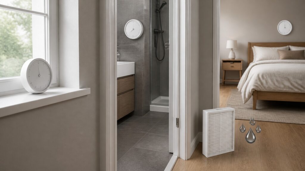 People-free editorial still life illustrating room moisture measurement and placement