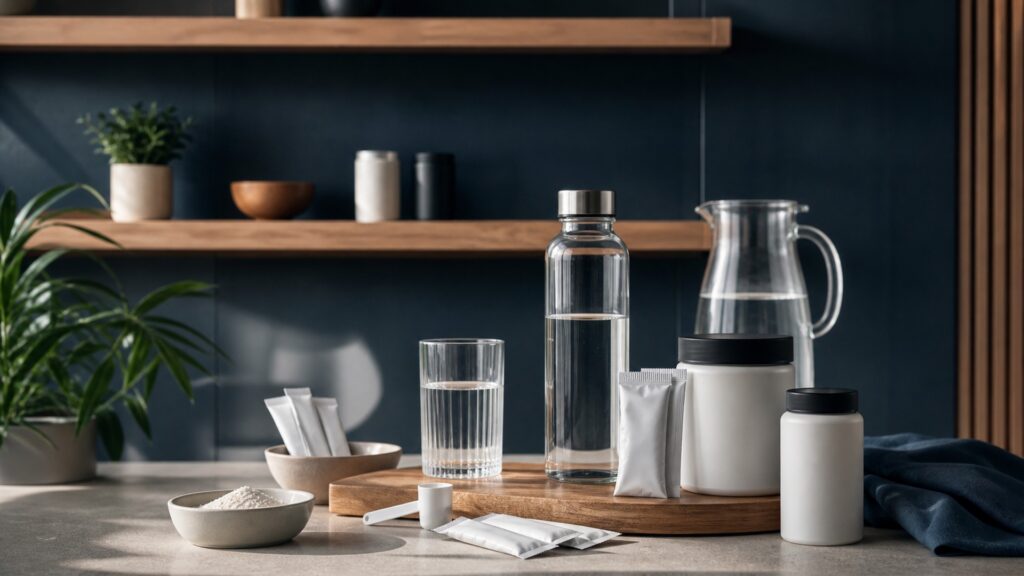 People-free editorial still life illustrating assess choose mix drink track and adjust cycle
