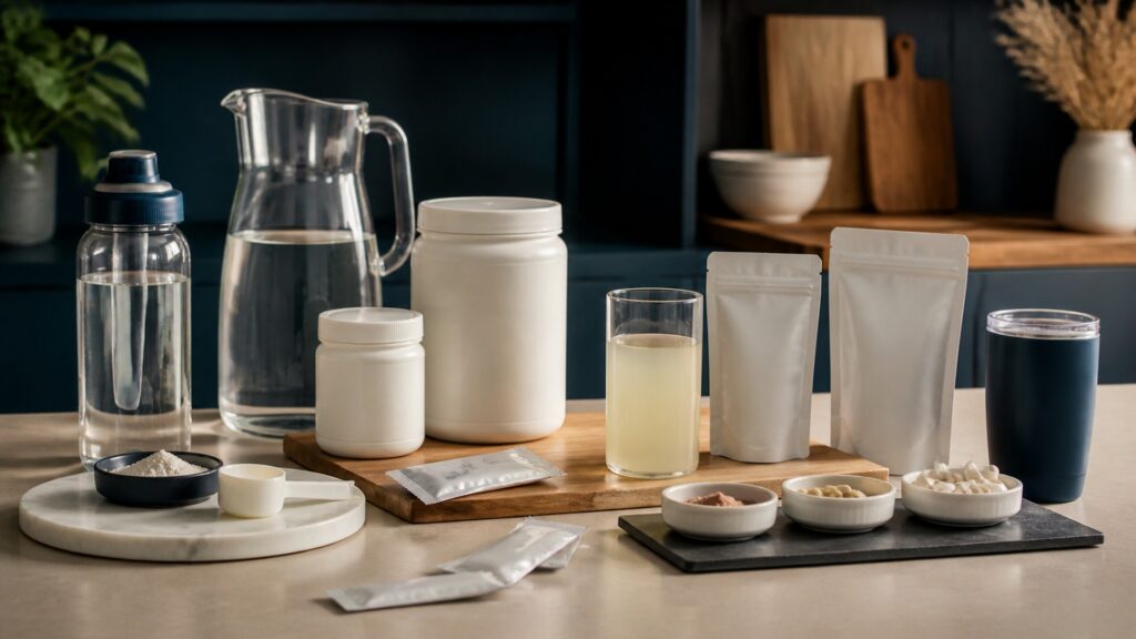 People-free editorial still life illustrating fluid delivery with context-specific added ingredients