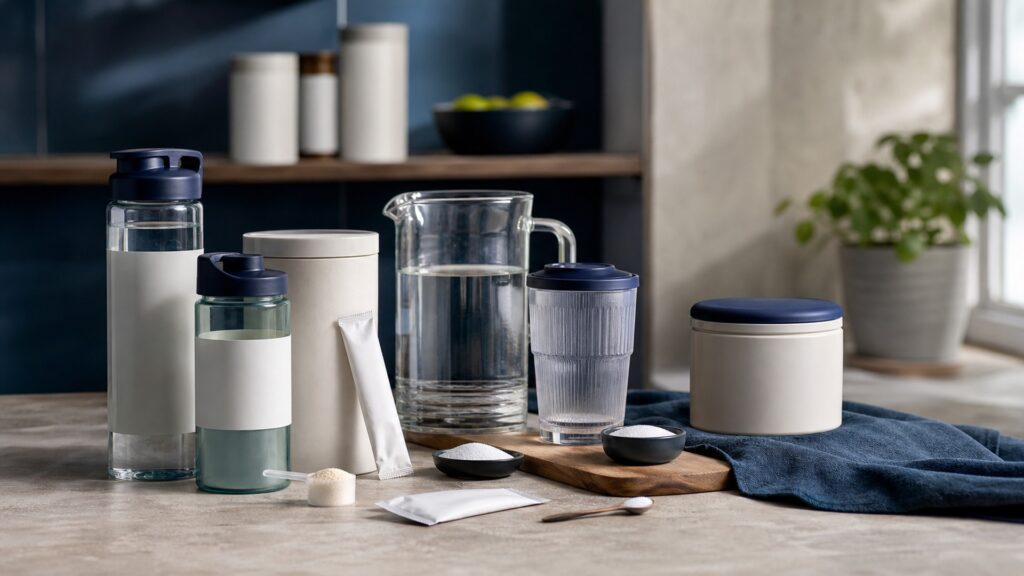 People-free editorial still life illustrating volume sodium carbohydrate caffeine sweat and environment context