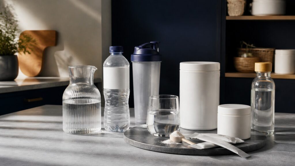 People-free editorial still life illustrating overhydration caffeine sugar electrolyte and interaction safety