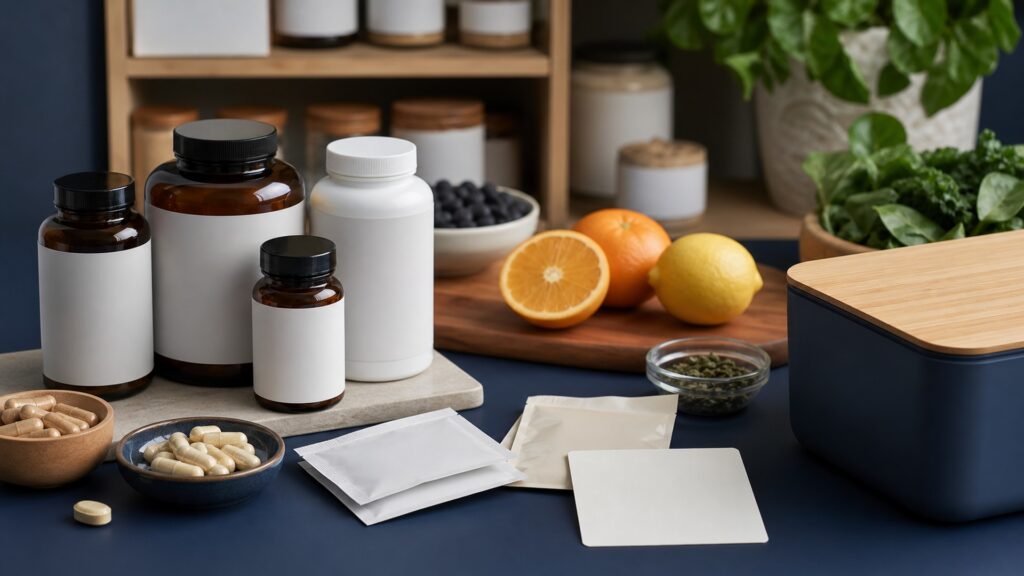 People-free editorial still life illustrating review diet select verify total dose avoid stacking observe stop and reassess cycle