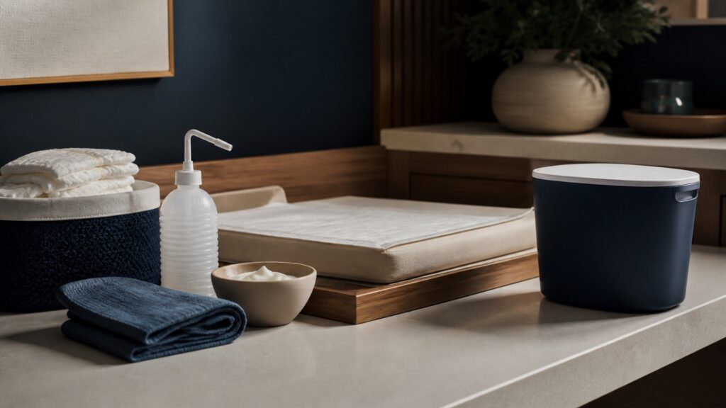 People-free editorial still life illustrating toilet change cleanse dry protect and dispose routine