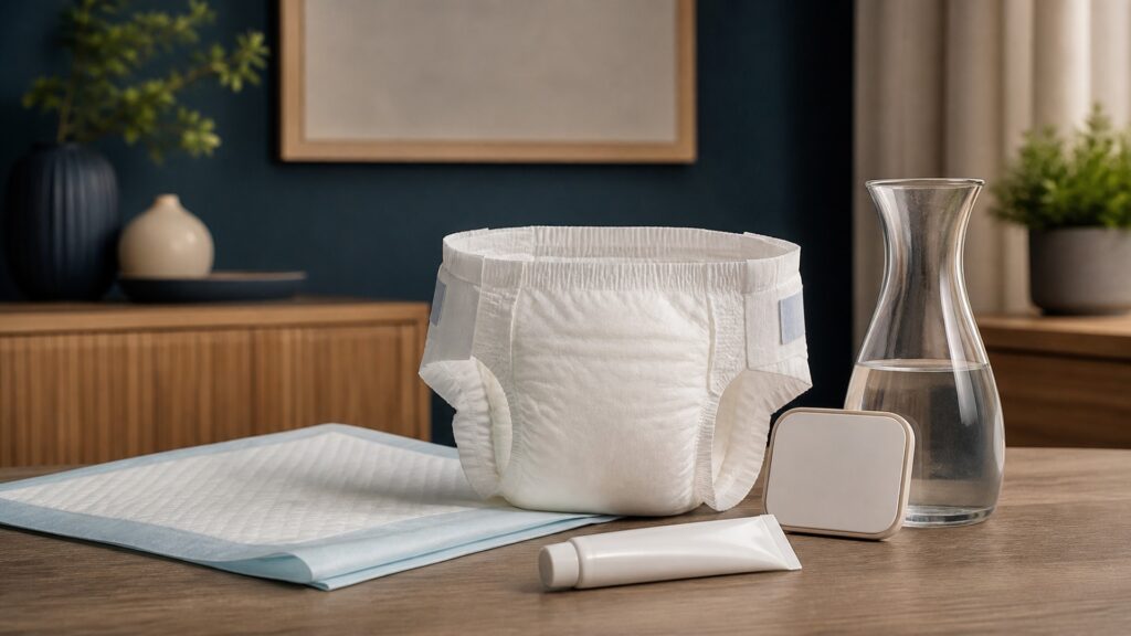 People-free editorial still life illustrating matching leakage pattern absorbency fit and change interval