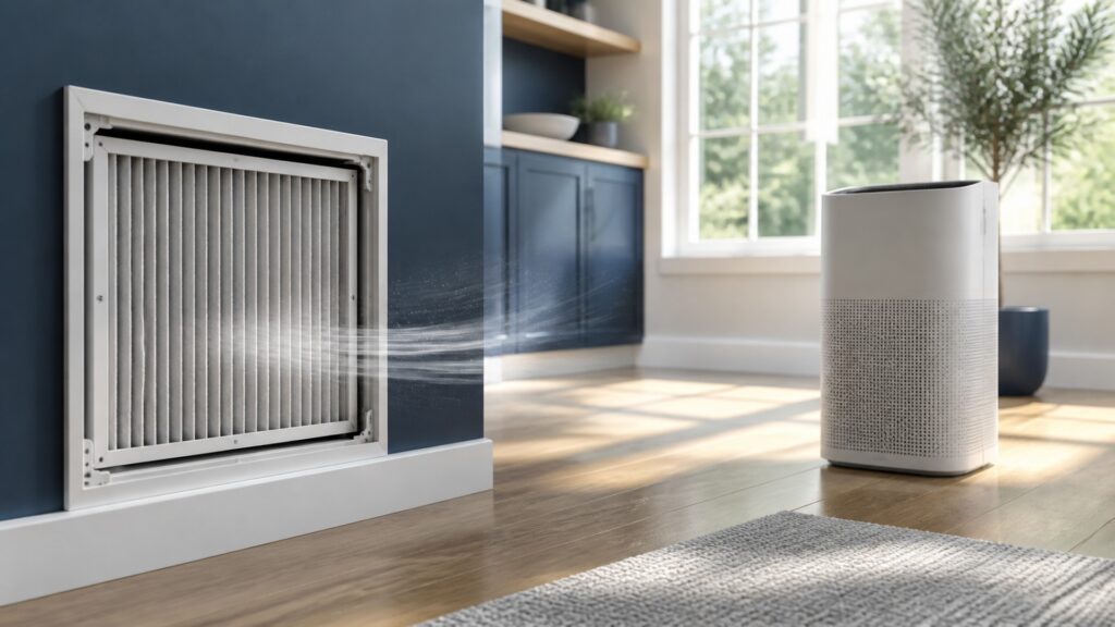 People-free cutaway view of a home HVAC filter and portable air purifier filtering a sunlit empty room