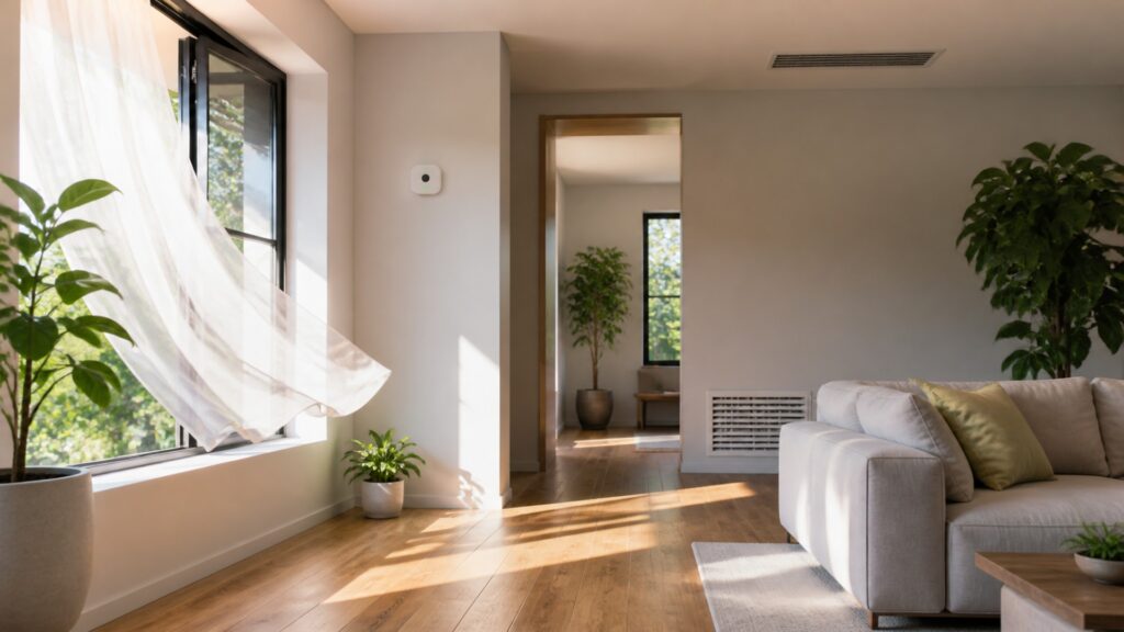 Sunlit empty living room with an open window, moving curtain, air vents, plants, and a small air sensor