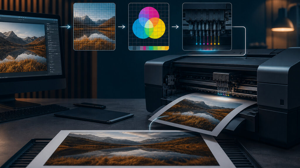 Editorial business scene illustrating inkjet office printers data flow