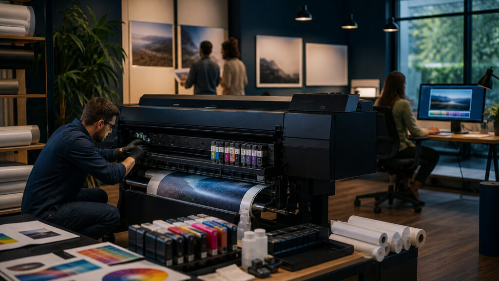 Editorial business scene illustrating inkjet office printers operating model
