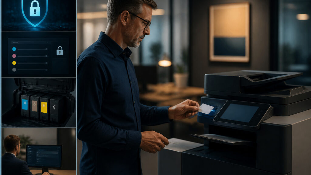 Editorial business scene illustrating inkjet office printers permission structure