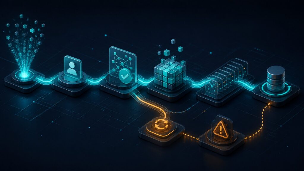 Editorial business scene illustrating integration automation software data flow