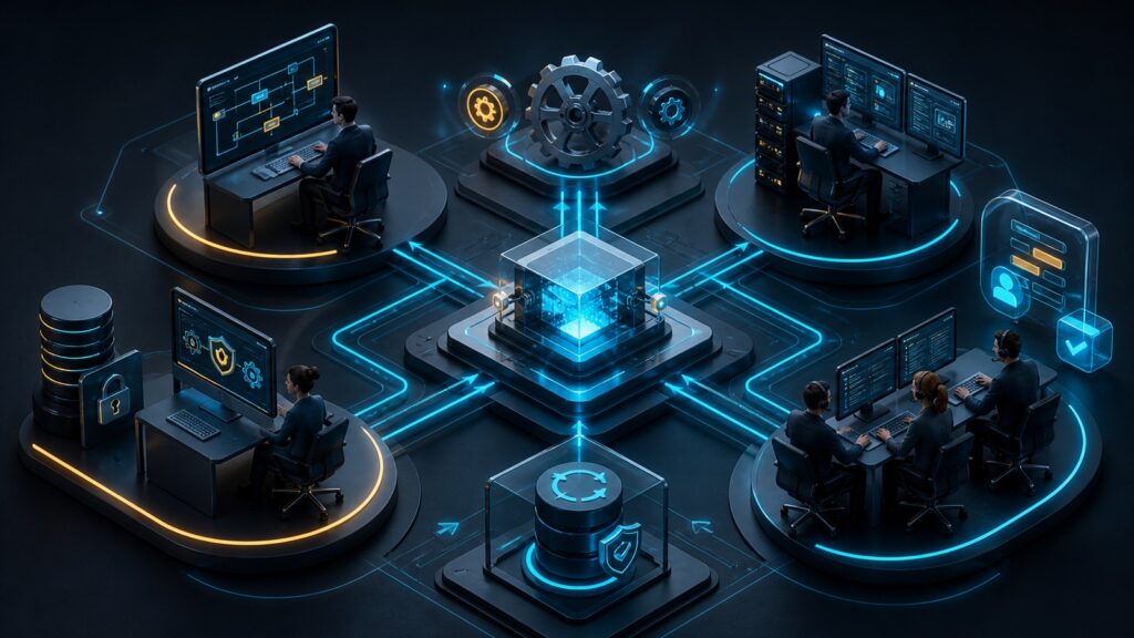 Editorial business scene illustrating integration automation software operating model