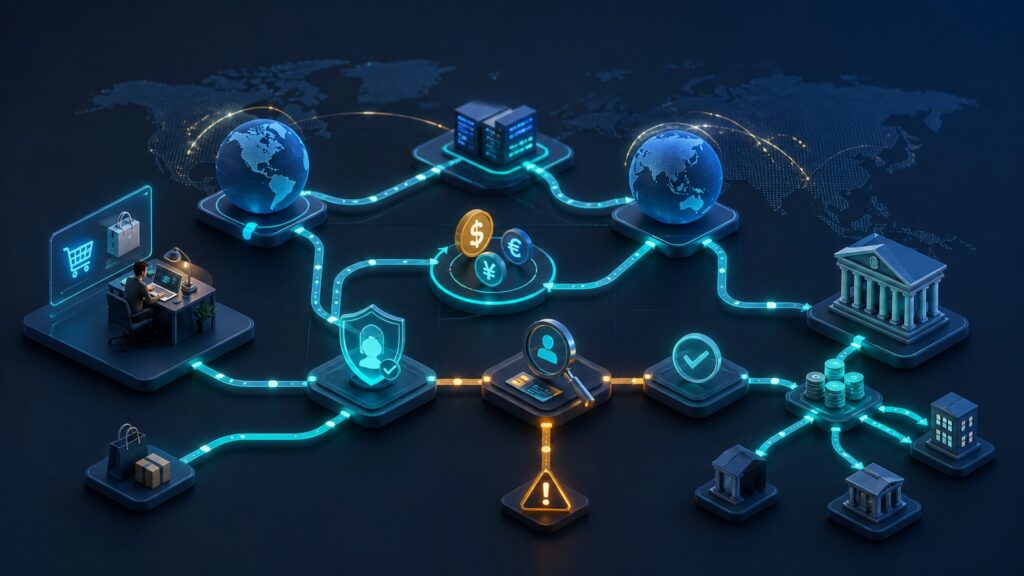 Editorial business scene illustrating international merchant accounts data flow