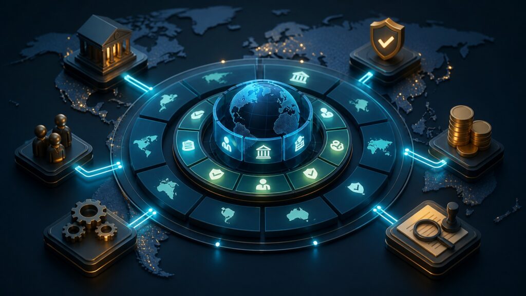 Editorial business scene illustrating international merchant accounts permission structure