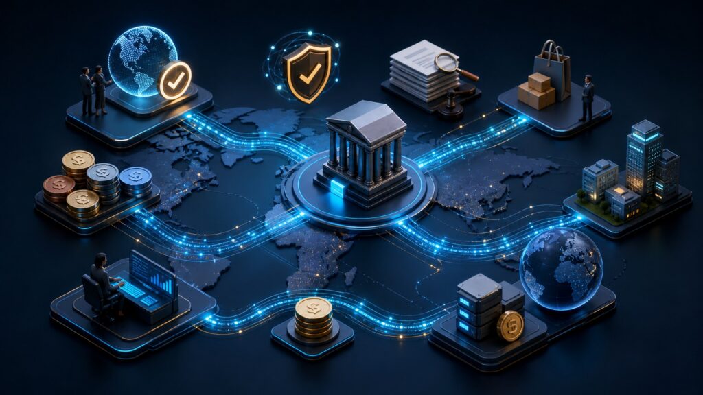 Editorial business scene illustrating international merchant accounts workflow role